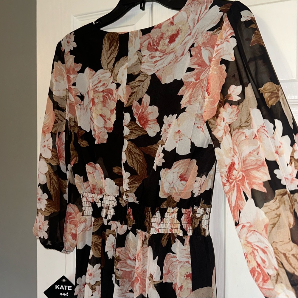 Black Floral Midi Dress with Pink Blooms - Picture 7 of 9